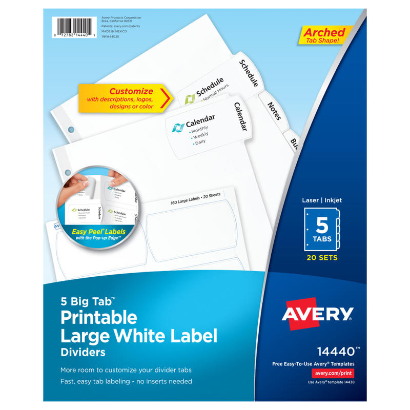 Avery Big Tab Printable Large Label Dividers, Easy Peel, White, 5 Tabs, Pack Of 20 Sets MPN:14440