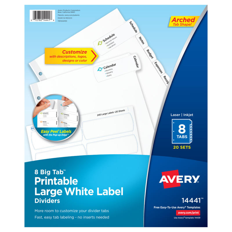 Avery Big Tab Printable Large Label Dividers, Easy Peel, White, 8-Tab, Pack Of 20 Sets MPN:14441