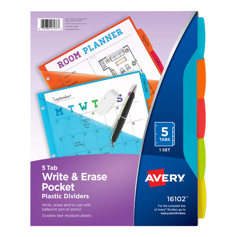 Avery Write & Erase Durable Plastic Dividers With Pockets, 8-1/2in x 11in, Multicolor, Pack Of 5 Dividers (Min Order Qty 11) MPN:16102