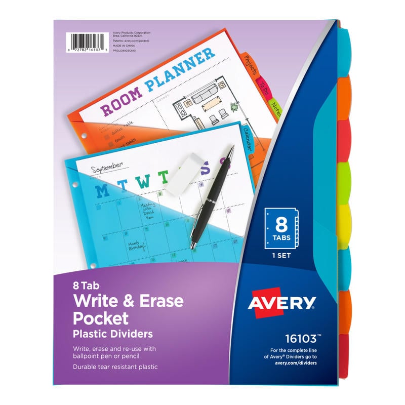 Avery Write & Erase Durable Plastic Dividers With Pockets, 8-1/2in x 11in, Multicolor Brights, Pack Of 8 Dividers (Min Order Qty 10) MPN:16103