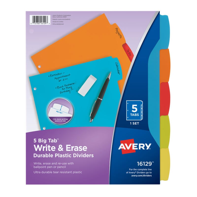 Avery Big Tab Write & Erase Durable Plastic Dividers, 8 1/2in x 11in, Multicolor Brights, 5-Tab (Min Order Qty 29) MPN:16129