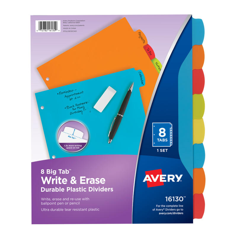 Avery Big Tab Write & Erase Durable Plastic Dividers, 8 1/2in x 11in, Multicolor Brights, 8-Tab (Min Order Qty 21) MPN:16130