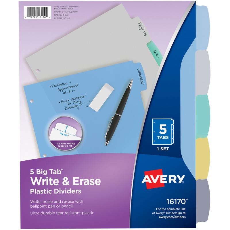 Avery Durable Write-On Plastic Dividers With Erasable Tabs, 8 1/2in x 11in, Multicolor, 5 Tabs (Min Order Qty 37) MPN:16170