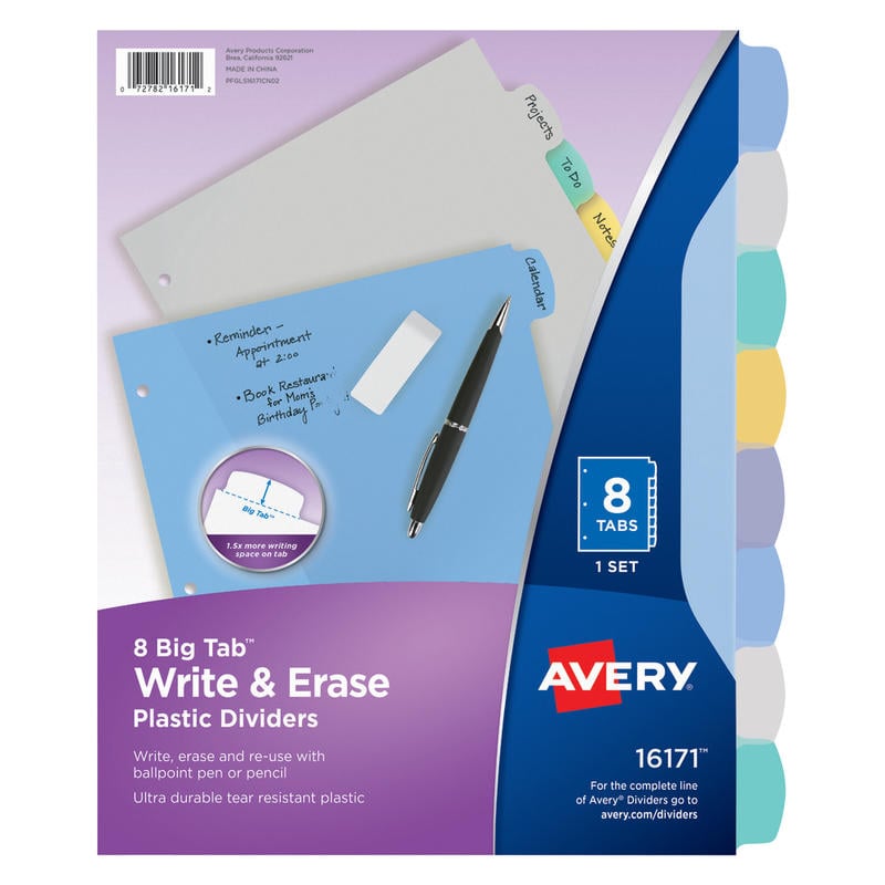 Avery Durable Write-On Plastic Dividers With Erasable Tabs, 8 1/2in x 11in, Multicolor, 8 Tabs (Min Order Qty 27) MPN:16171