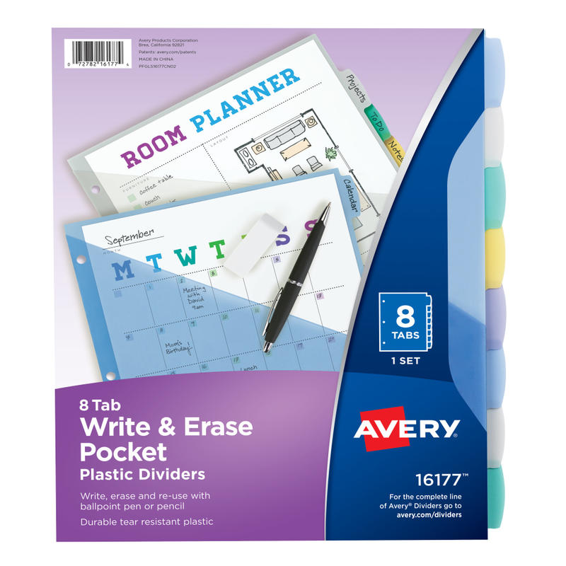 Avery Write & Erase Pocket Plastic Dividers For 3 Ring Binders, 9-1/4in x 11-1/4in, 8-Tab Set, Multicolor, 1 Set (Min Order Qty 19) MPN:16177