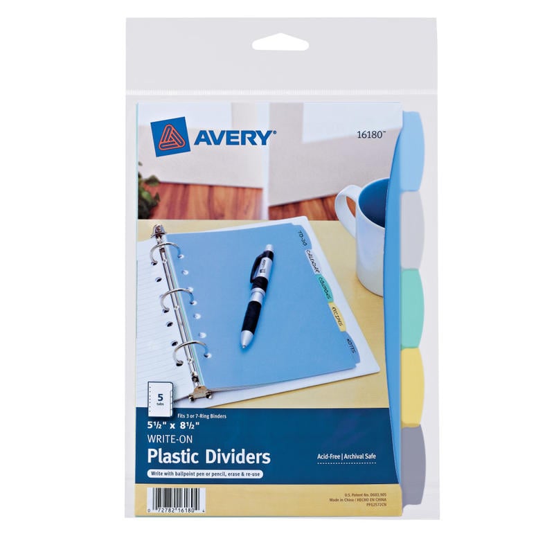 Avery Write & Erase Plastic Dividers, 5 1/2in x 8 1/2in, Multicolor, 5-Tab (Min Order Qty 10) MPN:16180