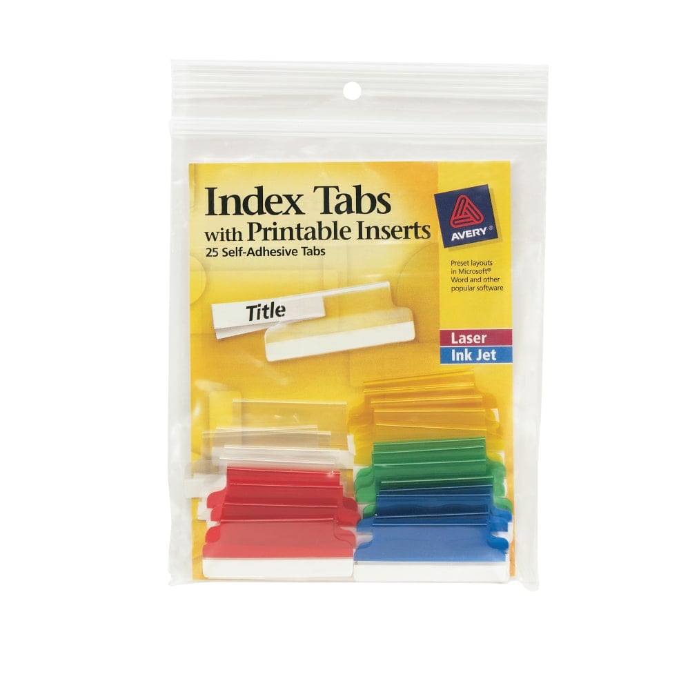 Avery Insertable Self-Adhesive Index Tabs With Printable Inserts, 1-1/2in, Assorted (Blue, Clear, Green, Red, Yellow), Pack Of 25 (Min Order Qty 14) MPN:16228