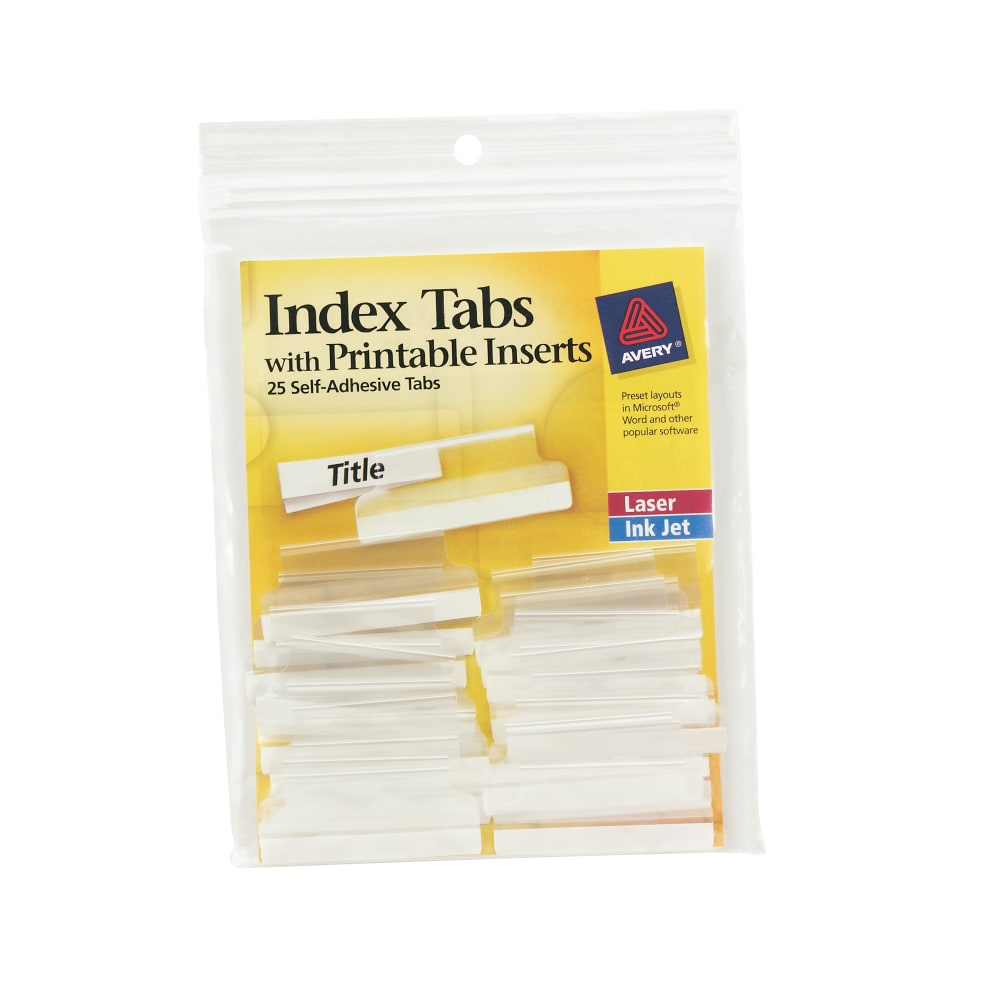 Avery Insertable Self-Adhesive Index Tabs With Printable Inserts, 1.5in, Clear, Pack Of 25 (Min Order Qty 15) MPN:16230