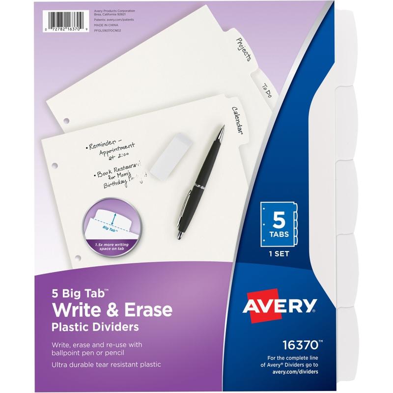 Avery Durable Write-On Plastic Dividers With Erasable Tabs, 8 1/2in x 11in, White, 5 Tabs (Min Order Qty 26) MPN:16370