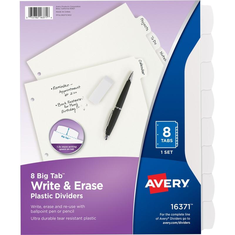 Avery Durable Write-On Plastic Dividers With Erasable Tabs, 8 1/2in x 11in, White, 8 Tabs (Min Order Qty 20) MPN:16371