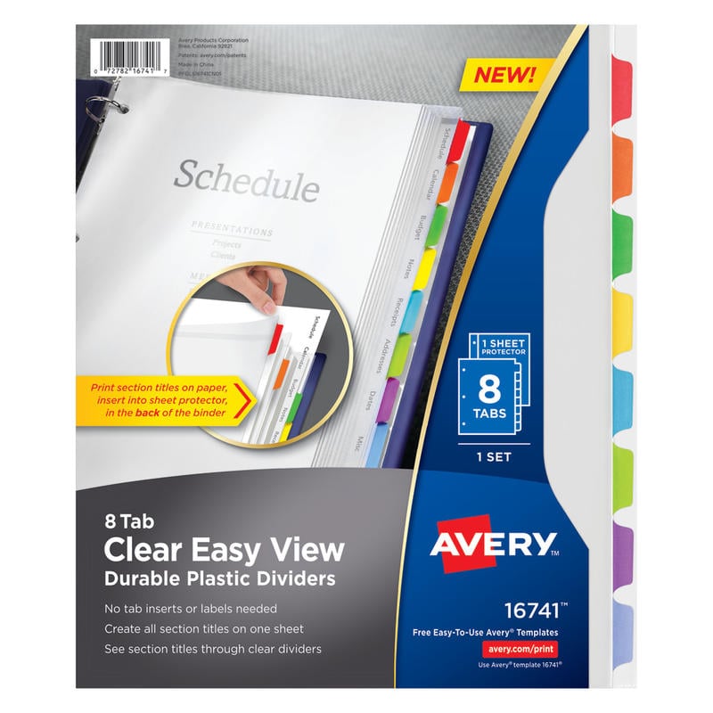 Avery Clear Easy View Durable Plastic Dividers For 3 Ring Binders, 8-1/2in x 11in, 8-Tab, Bright Multicolor, 1 Set (Min Order Qty 15) MPN:16741