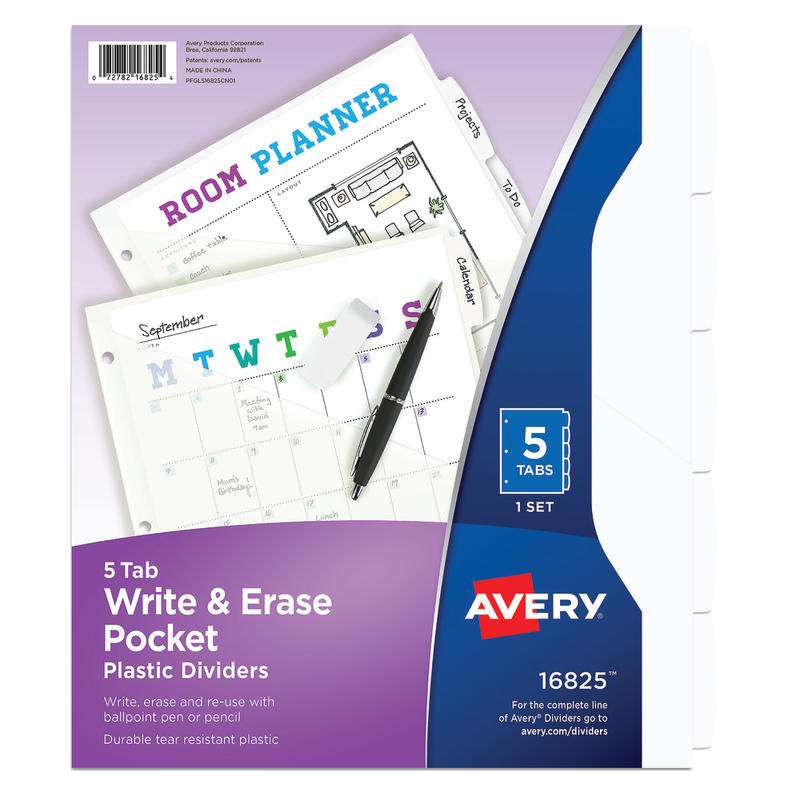 Avery Write & Erase Durable Plastic Divider With Pocket, 5 Tabs, 9 1/4in x 11 1/4in, White (Min Order Qty 21) MPN:16825