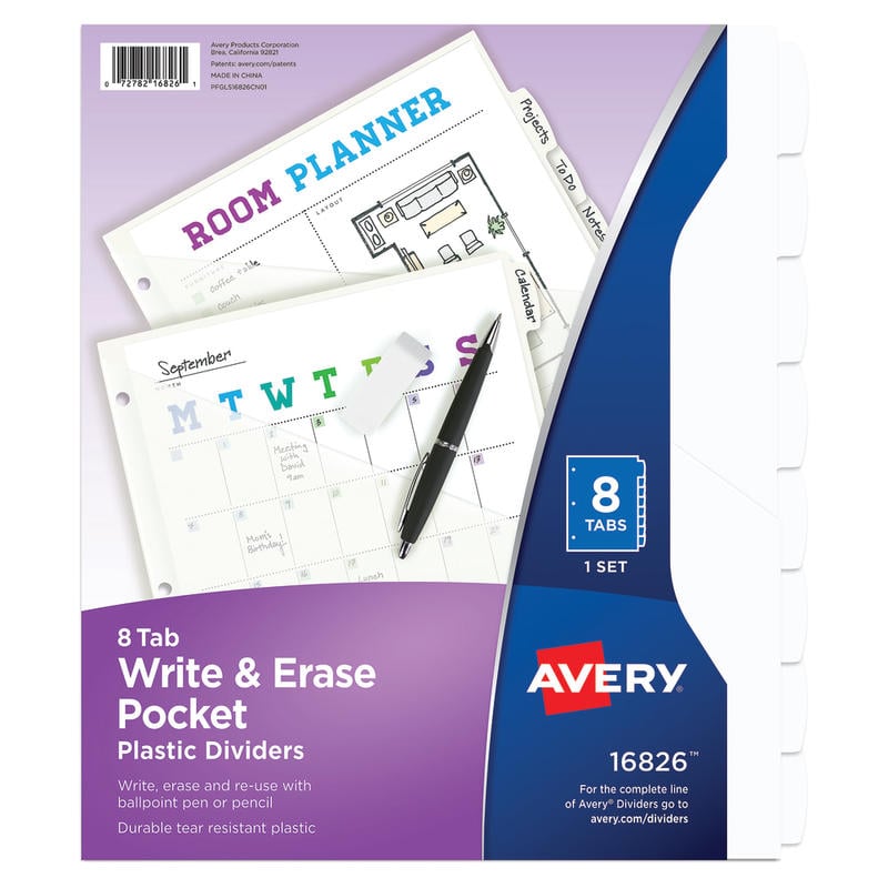 Avery Durable Plastic 8-Tab Write & Erase Dividers For 3 Ring Binders With Slash Pocket, 9-1/4in x 11-1/4in, Translucent White, 1 Set (Min Order Qty 15) MPN:16826