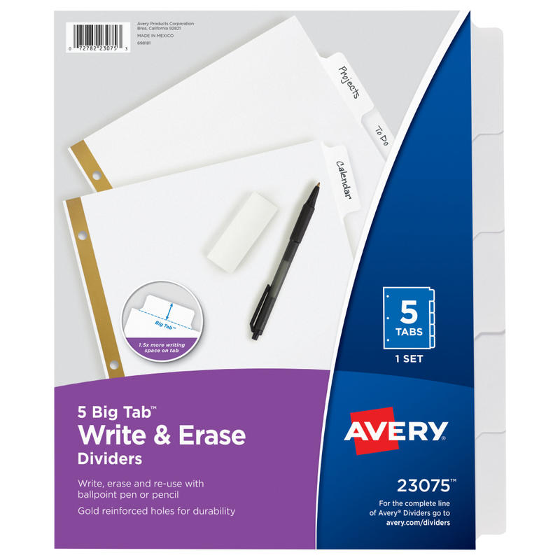 Avery Big Tab Write-On Tab Dividers With Erasable Laminated Tabs, 5-Tab, White (Min Order Qty 90) MPN:23075