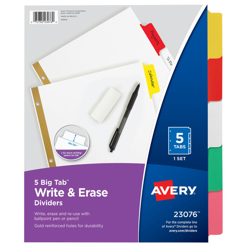 Avery Big Tab Write-On Tab Dividers With Erasable Laminated Tabs, 5-Tab, Multicolor (Min Order Qty 35) MPN:23076