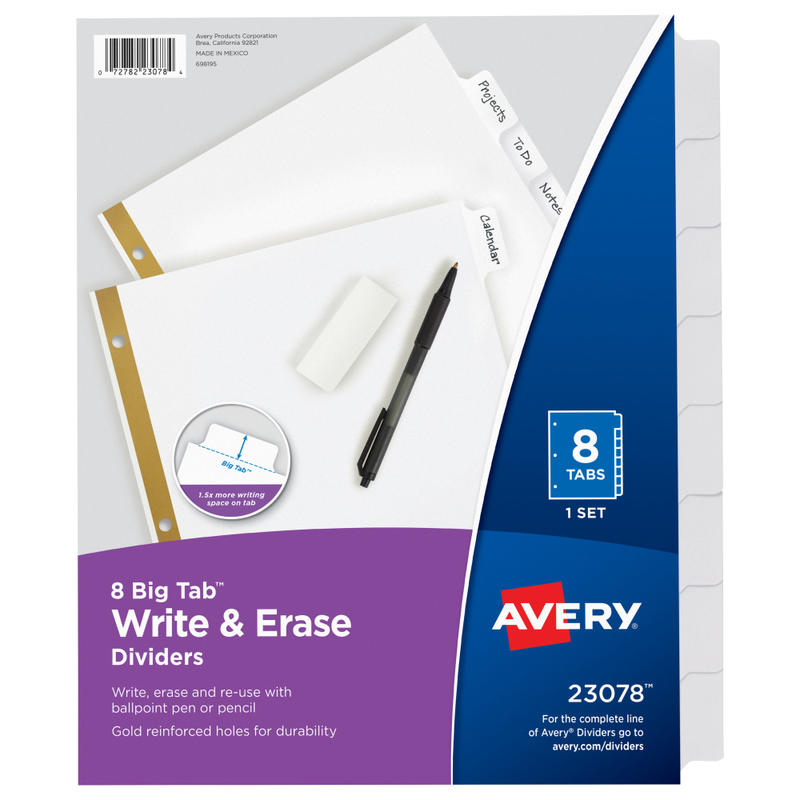 Avery Big Tab Write-On Tab Dividers With Erasable Laminated Tabs, 8-Tab, White (Min Order Qty 68) MPN:23078