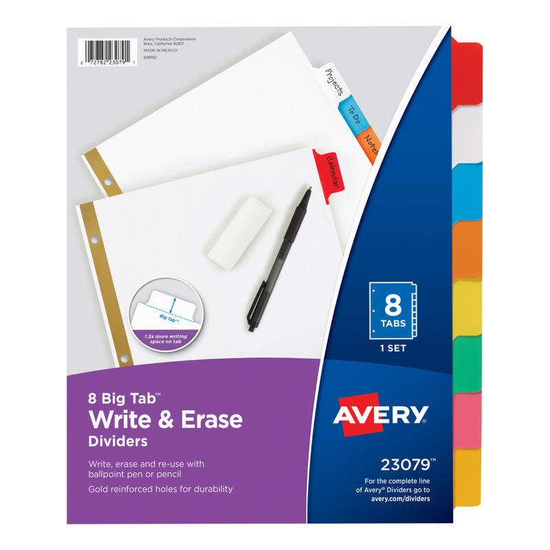 Avery Big Tab Write-On Tab Dividers With Erasable Laminated Tabs, 8-Tab, Multicolor (Min Order Qty 48) MPN:23079