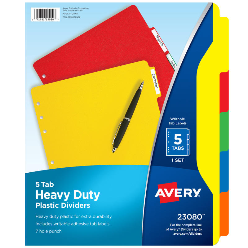 Avery Heavy Duty Plastic Dividers With White Tab Labels, 8 1/2in x 11in, Multicolor, 5-Tab (Min Order Qty 11) MPN:23080