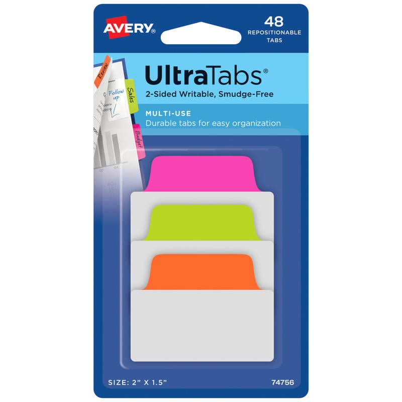 Avery Multiuse Ultra Tabs, 2-Side Writable, 2in x 1.5in, Neon Pink/Green/Orange, Pack Of 48 Repositionable Tabs (Min Order Qty 9) MPN:74756