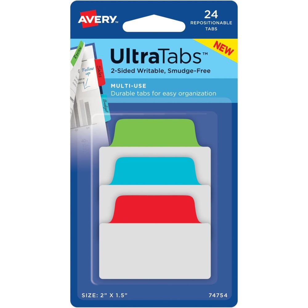 Avery Multiuse Ultra Tabs, 2-Side Writable, 2in x 1.5in, Red/Blue/Green, Pack Of 48 Repositionable Tabs (Min Order Qty 9) MPN:74757