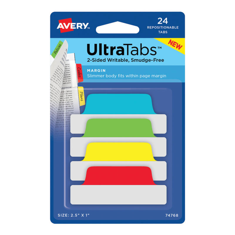 Avery Margin Ultra Tabs, 2.5in x 1in, Assorted Primary, Set Of 24 Repositionable Tabs (Min Order Qty 15) MPN:74768