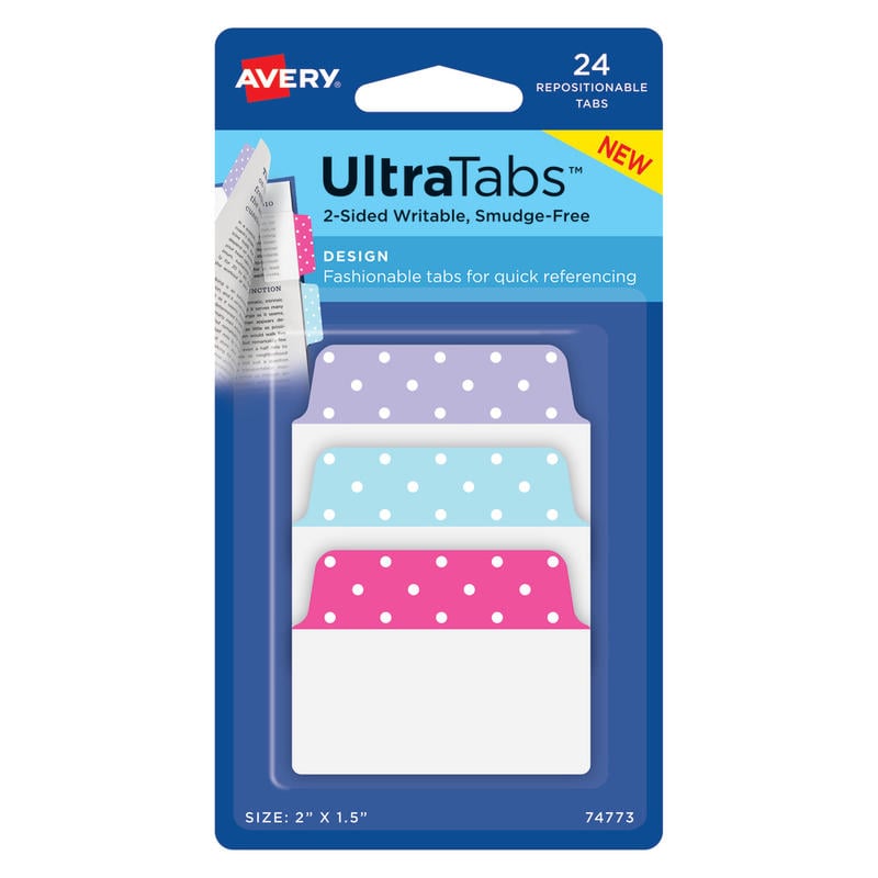 Avery Multiuse Ultra Tabs, 2-Side Writable, 2in x 1.5in, Pink/Blue/Purple, Pastel Dots, Pack Of 24 Repositionable Tabs (Min Order Qty 15) MPN:74773