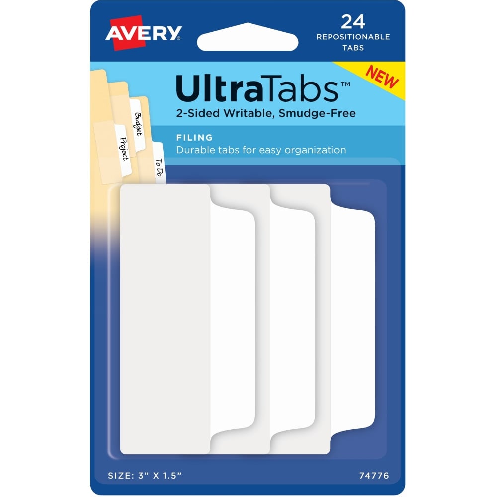 Avery Filing Ultra Tabs, 3in x 1.5in, 24 Repositionable File Tabs, 2-Side Writable, White (Min Order Qty 9) MPN:74776