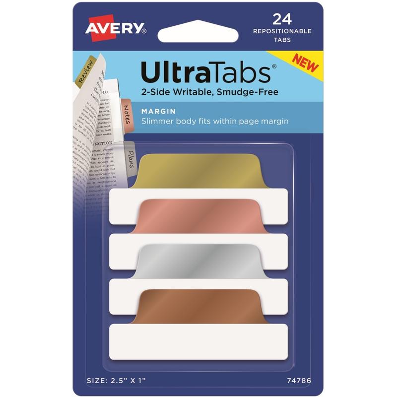 Avery UltraTabs Repositionable Margin Tabs - Write-on Tab(s) - 1in Tab Height x 2.50in Tab Width - Gold, Silver, Rose Gold, Copper Tab(s) - 24 / Pack (Min Order Qty 14) MPN:74786