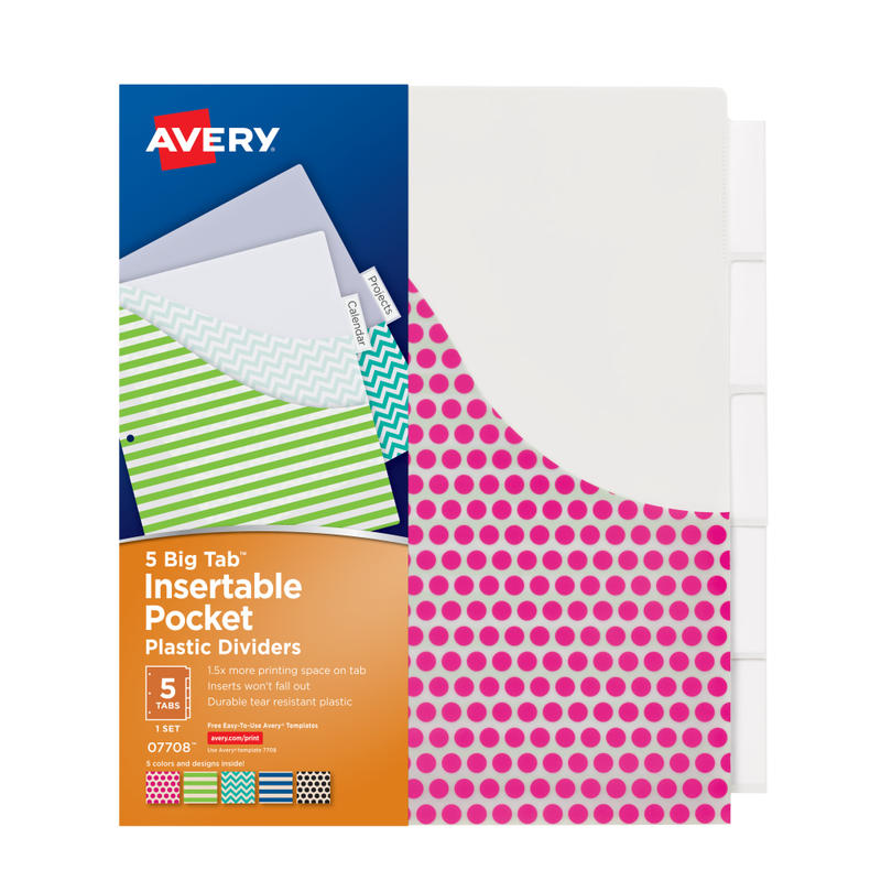 Avery Big Tab Insertable Plastic Dividers With Pockets, 9 1/4in x 11 1/8in, 5-Tab, Multicolor, 1 Set (Min Order Qty 12) MPN:7708