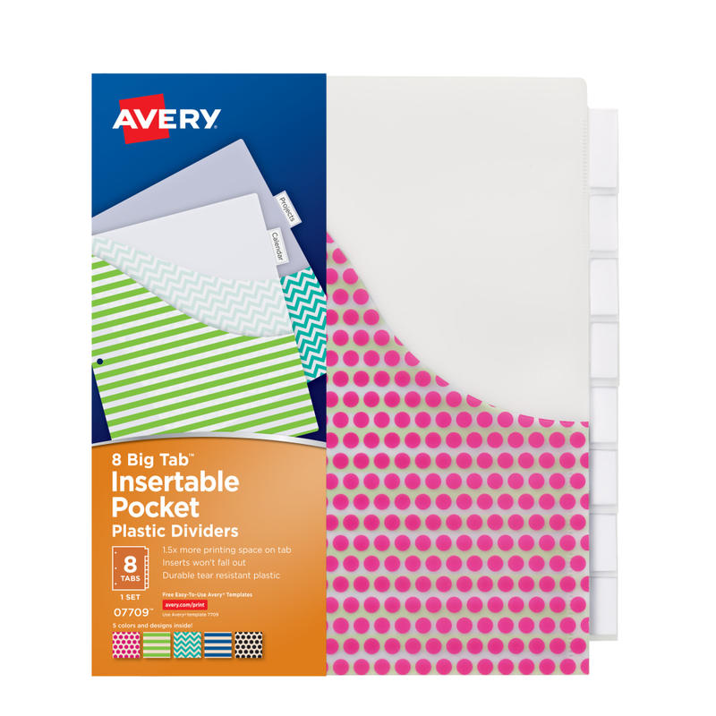 Avery Dividers for 3 Ring Binders, 8-Tab Binder Dividers, Plastic Binder Dividers with Pockets, Insertable Big Tab, Vibrant Geometric Patterns, 1 Set (07709) (Min Order Qty 18) MPN:7709