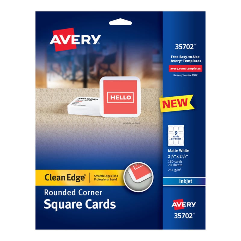 Avery Clean Edge Printable Square Cards With Sure Feed Technology & Rounded Corners, 2.5in x 2.5in, White, 180 Blank Cards For Inkjet Printers (Min Order Qty 4) MPN:35702