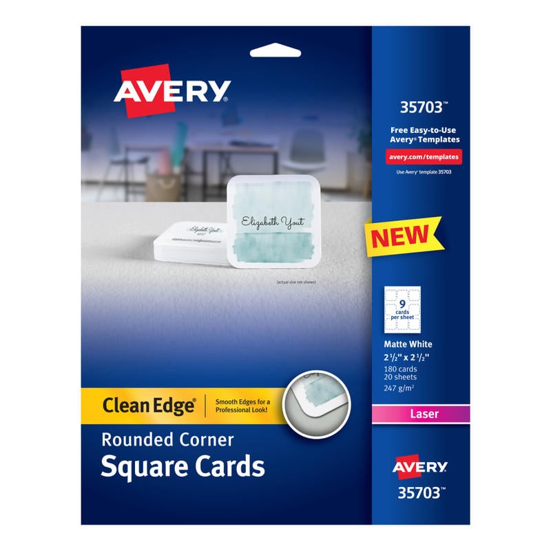 Avery Clean Edge Printable Square Cards With Sure Feed Technology & Rounded Corners, 2.5in x 2.5in, White, 180 Blank Cards For Laser Printers (Min Order Qty 4) MPN:35703