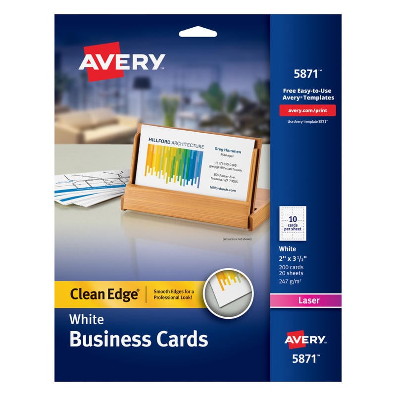 Avery Clean Edge Printable Business Cards With Sure Feed Technology for Laser Printers, 2in x 3.5in, White, 200 Blank Cards (Min Order Qty 5) MPN:5871