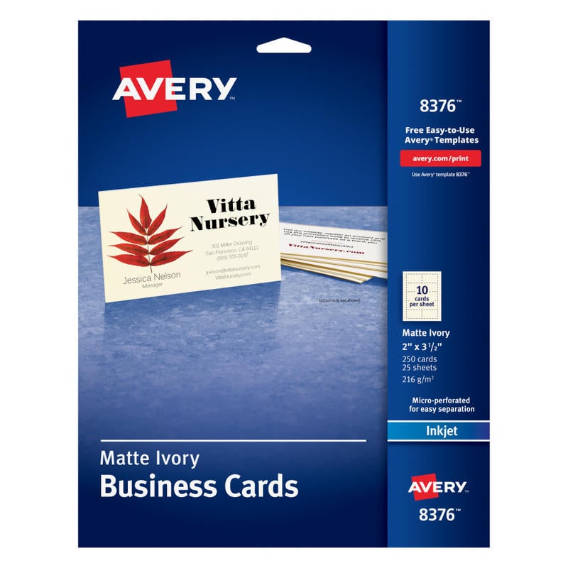 Avery Printable Business Cards With Sure Feed Technology For Inkjet Printers, 2in x 3.5in, Ivory, 250 Blank Cards (Min Order Qty 5) MPN:8376