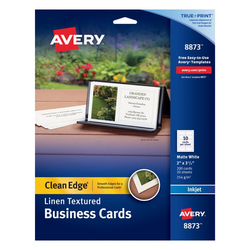 Avery Clean Edge Printable Business Cards With Sure Feed Technology For Inkjet Printers, 2in x 3-1/2in, White Linen Textured, Pack Of 200 Blank Cards (Min Order Qty 5) MPN:8873