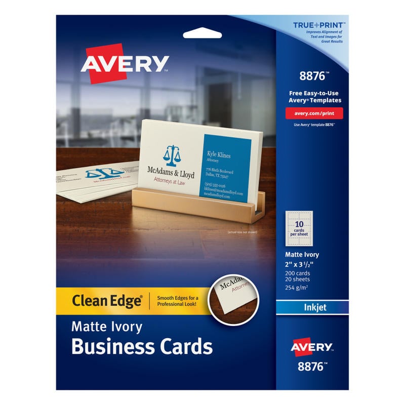 Avery Clean Edge Printable Business Cards With Sure Feed Technology For Inkjet Printers, 2in x 3.5in, Ivory, 200 Blank Cards (Min Order Qty 4) MPN:8876