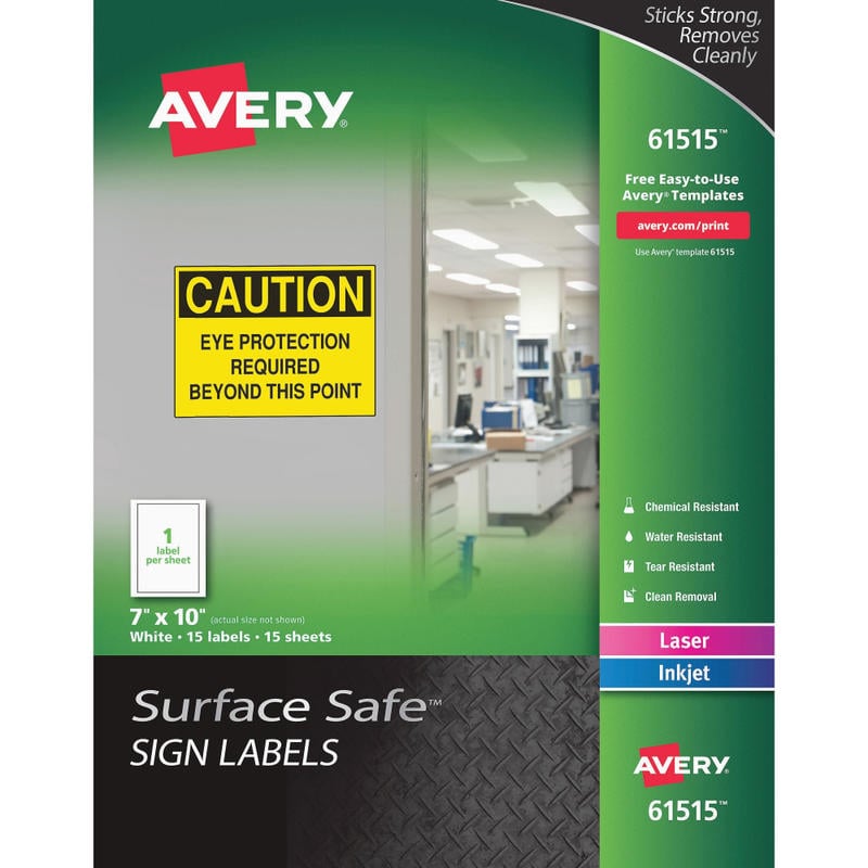 Avery Surface Safe Sign Labels, 7in x 10in, Rectangle, Pack Of 15 (Min Order Qty 2) MPN:AVE61515