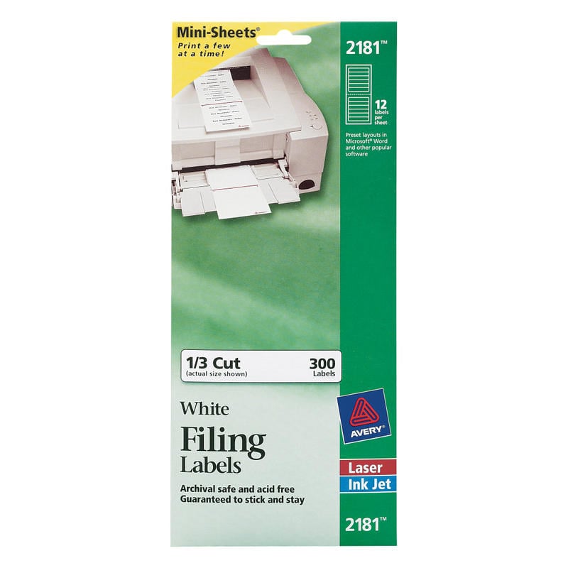 Avery Mini-Sheets File Folder Labels, 2181, Rectangle, 2/3in x 3-7/16in, White, Pack Of 300 (Min Order Qty 8) MPN:2181