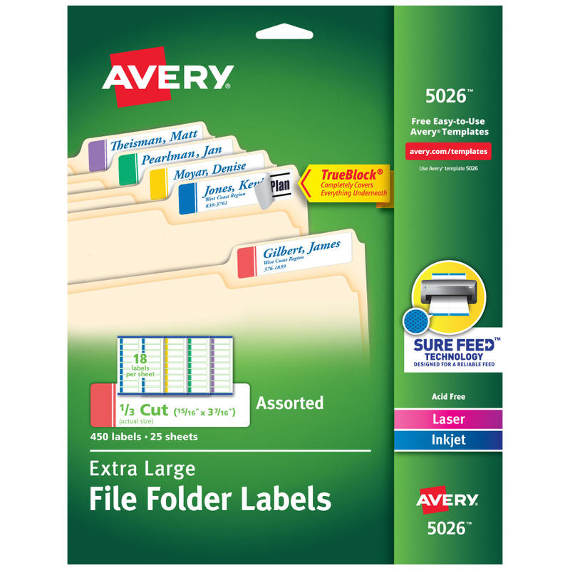 Avery TrueBlock Extra-Large Permanent Inkjet/Laser File Folder Labels, 5026, 15/16in x 3 7/16in, Assorted Colors, Pack Of 450 (Min Order Qty 3) MPN:5026