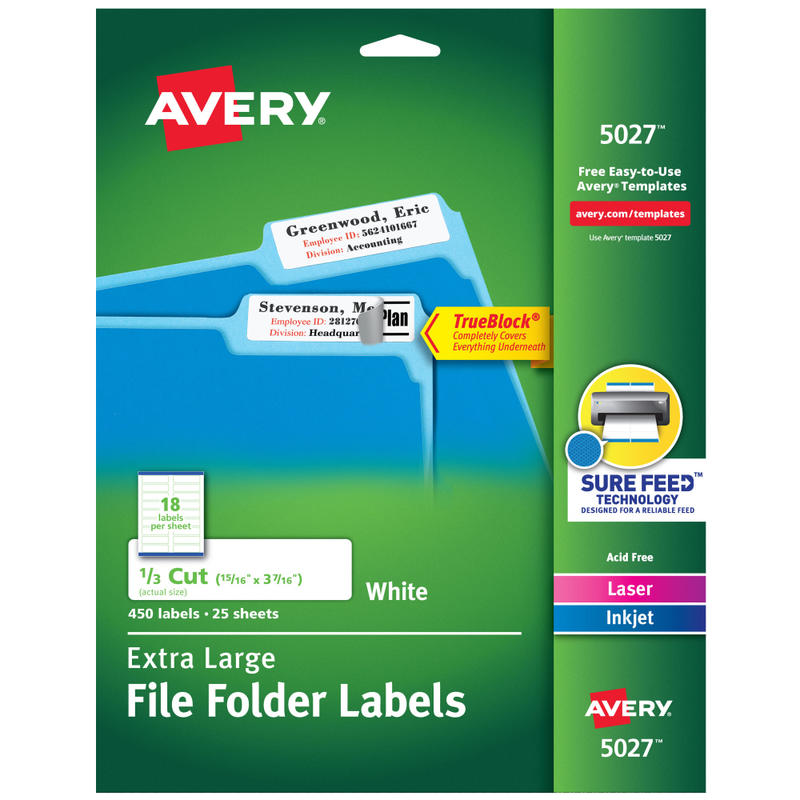 Avery TrueBlock Extra-Large Permanent Inkjet/Laser File Folder Labels, 5027, 15/16in x 3 7/16in, White, Pack Of 450 (Min Order Qty 3) MPN:5027