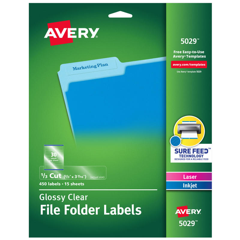 Avery File Folder Labels, Sure Feed Technology, Permanent Adhesive, Glossy Clear, 2/3in x 3-7/16in, 450 Labels (5029) (Min Order Qty 3) MPN:5029