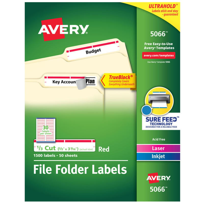 Avery TrueBlock Permanent Inkjet/Laser File Folder Labels, 5066, 2/3in x 3 7/16in, Red, Box Of 1,500 (Min Order Qty 2) MPN:5066