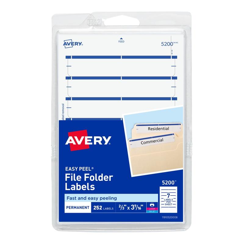 Avery File Folder Labels On 4in x 6in Sheet With Easy Peel, 5200, Rectangle, 2/3in x 3-7/16in, White With Blue Color Bar, Pack Of 252 Labels (Min Order Qty 35) MPN:5200