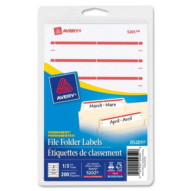 Avery File Folder Labels On 4in x 6in Sheet With Easy Peel, 5201, Rectangle, 2/3in x 3-7/16in, White With Red Color Bar, Pack Of 252 Labels (Min Order Qty 15) MPN:5201