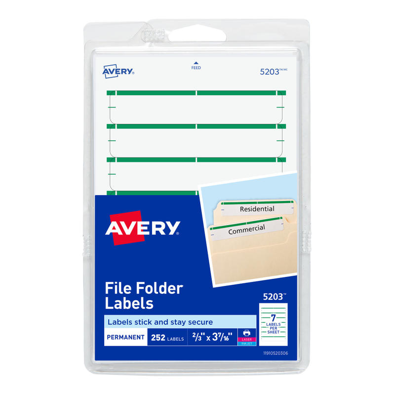 Avery File Folder Labels On 4in x 6in Sheet With Easy Peel, 5203, Rectangle, 2/3in x 3-7/16in, White With Green Color Bar, Pack Of 252 Labels (Min Order Qty 20) MPN:5203