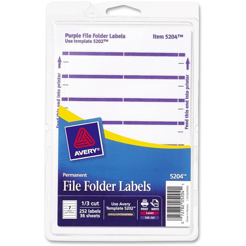 Avery File Folder Labels On 4in x 6in Sheet With Easy Peel, 5204, Rectangle, 2/3in x 3-7/16in, White With Purple Color Bar, Pack Of 252 Labels (Min Order Qty 15) MPN:5204