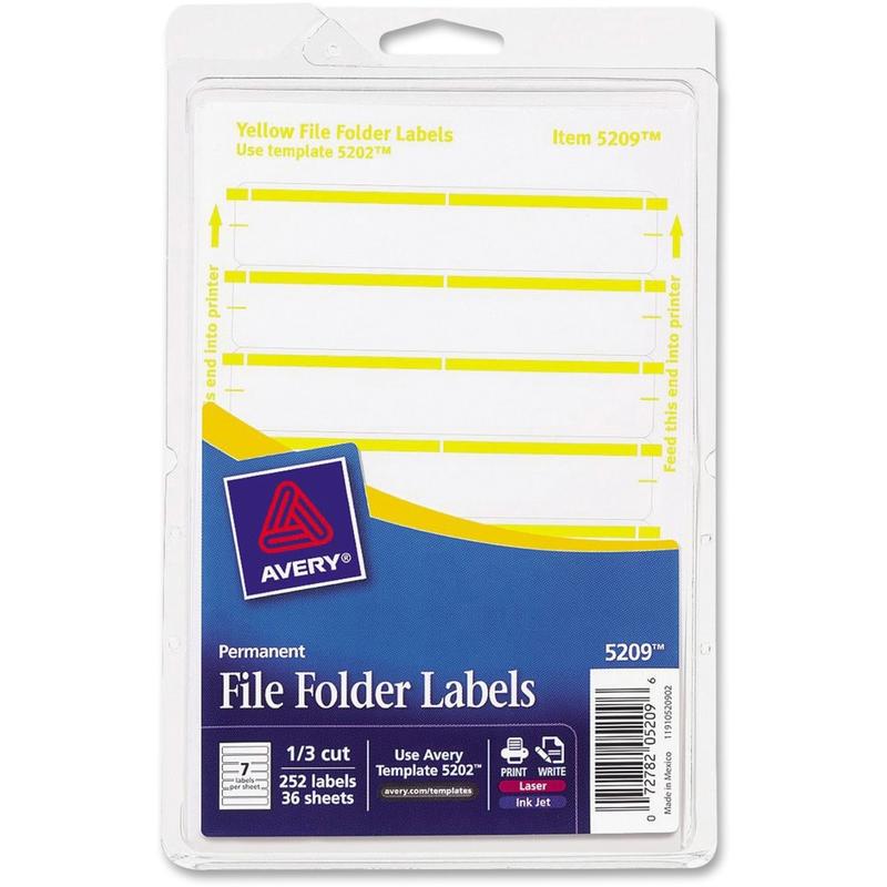 Avery File Folder Labels On 4in x 6in Sheet With Easy Peel, 5209, Rectanlge, 2/3in x 3-7/16in, White With Yellow Color Bar, Pack Of 252 Labels (Min Order Qty 15) MPN:5209