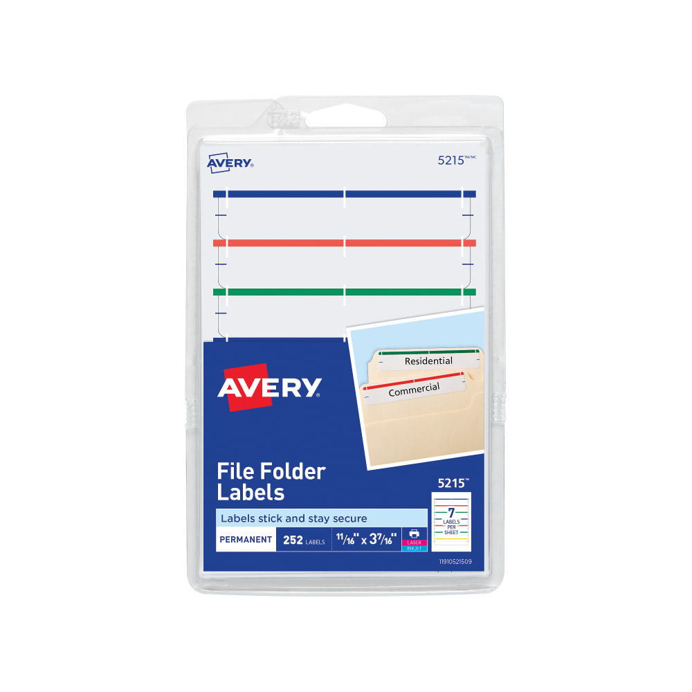 Avery File Folder Labels On 4in x 6in Sheet With Easy Peel, 5215, Rectangle, 2/3in x 3-7/16in, White With Assorted Color Bar (Dark Blue, Dark Red, Green, Yellow), Pack Of 252 Labels (Min Order Qty 32) MPN:5215