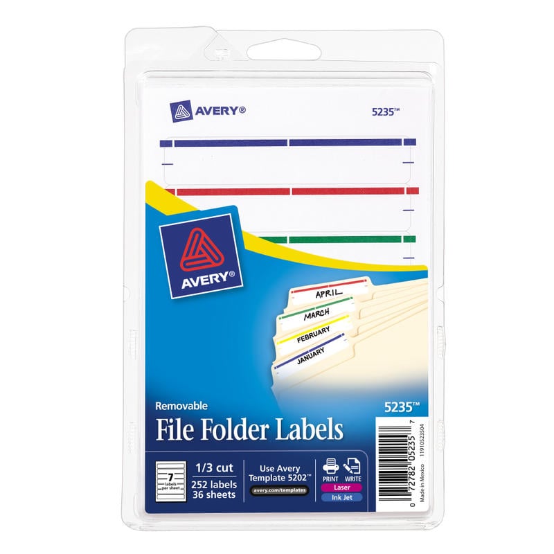 Avery Removable File Folder Labels On 4in x 6in Sheets, 5235, Rectangle, 2/3in x 3-7/16in, Assorted, Pack Of 252 (Min Order Qty 21) MPN:5235