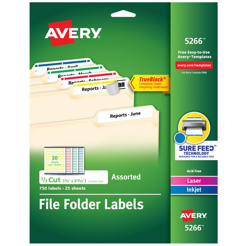 Avery TrueBlock Permanent Inkjet/Laser File Folder Labels, 5266, 2/3in x 3 7/16in, Assorted, Box Of 750 (Min Order Qty 3) MPN:5266